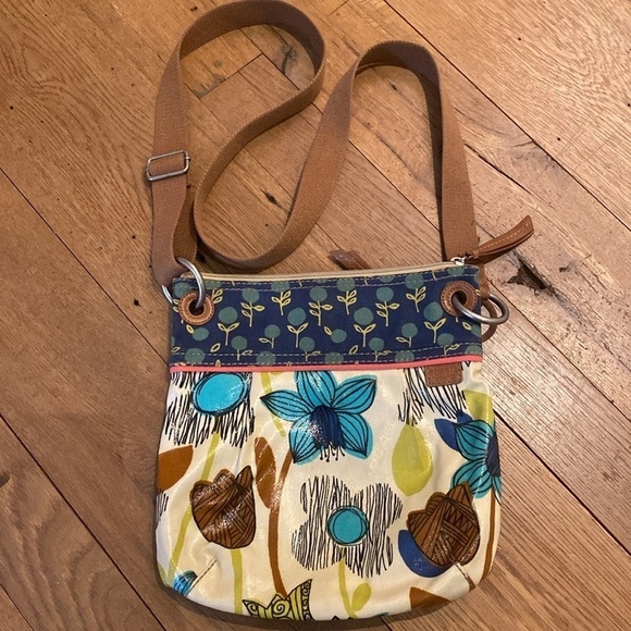 Fossil Key-Per Crossbody Bag Purse Coated Canvas BlueTeal Brown Lime Brown Cream - Picture 7 of 11